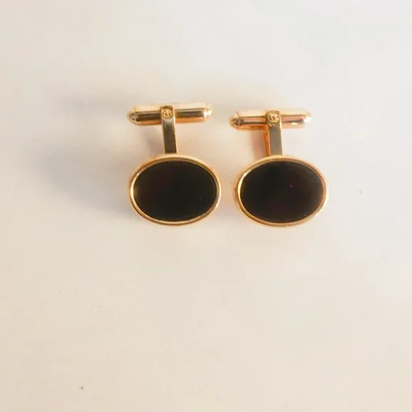 Round Black Onyx Cuff-links with Engraved Boarder in Yellow  Black Yellow Gold Filled Cufflinks display picture 1